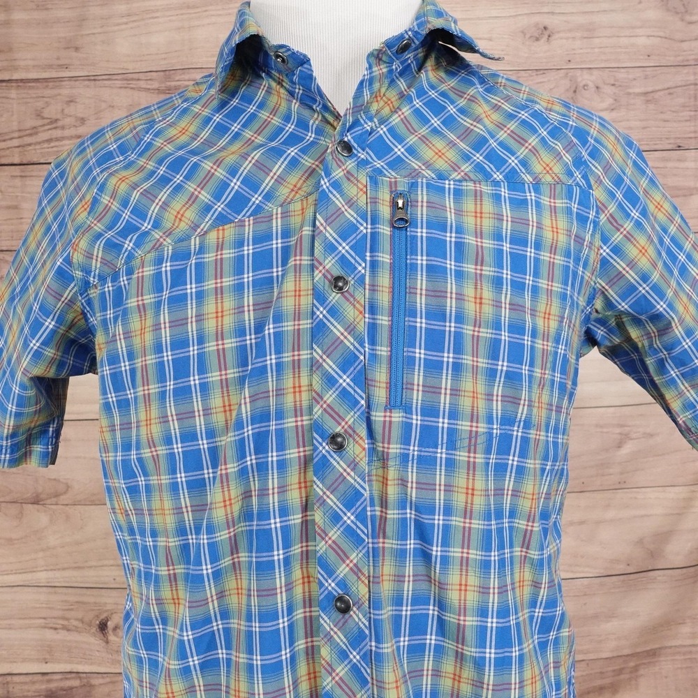 REI Shirt Mens M Blue Plaid S/S Button-Up Zip Pocket Lightweight Outdoor Casual